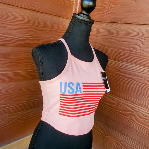 NWT Isaac Morris Women's USA Flag Graphic Halter Cropped Top Coral Pink XS - Picture 7 of 12
